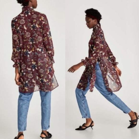 ZARA Burgundy Floral Button down tunic blouse - Picture 2 of 8